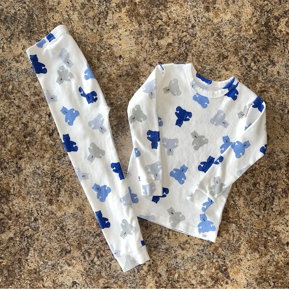 Gap Kids Organic Cotton Long Sleeve Top Bottoms PJ Set Blue Gray Bear Size 4